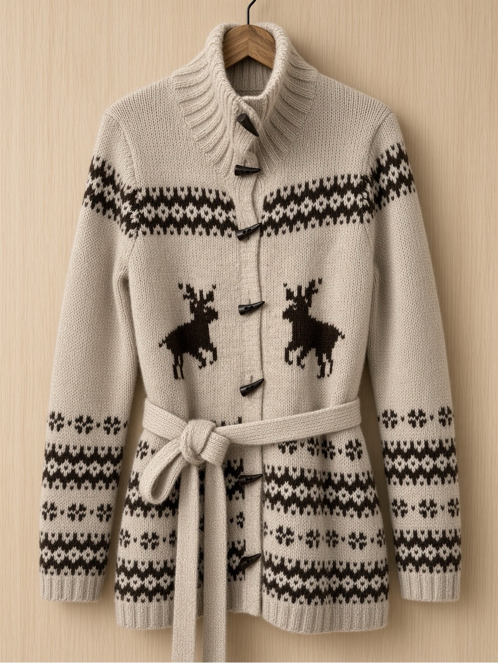 Collectible rare Eddie Bauer Holiday Reindeer Cardigan XL Fair Isle Belted Wool